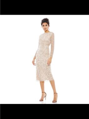 Mac Duggal Beaded Tea Length Dress W/ Sheer Sleeves Porcelain Size 6 NWT
